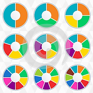 Wheel infographics template. Pie chart set with 2,3,4,5,6,7,8,9 and 10 parts or sections. Circle diagram, graph, business presenta photo